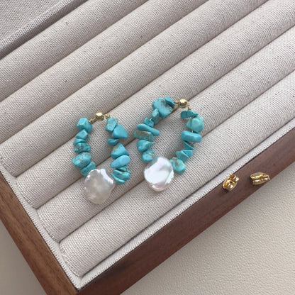 Turquoise Teardrop Hoop Earrings - Crafted with Brass