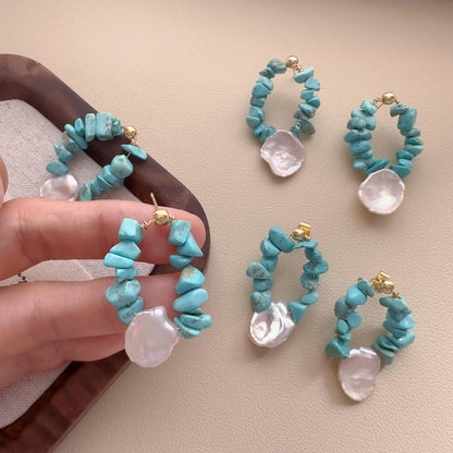 Turquoise Teardrop Hoop Earrings - Crafted with Brass