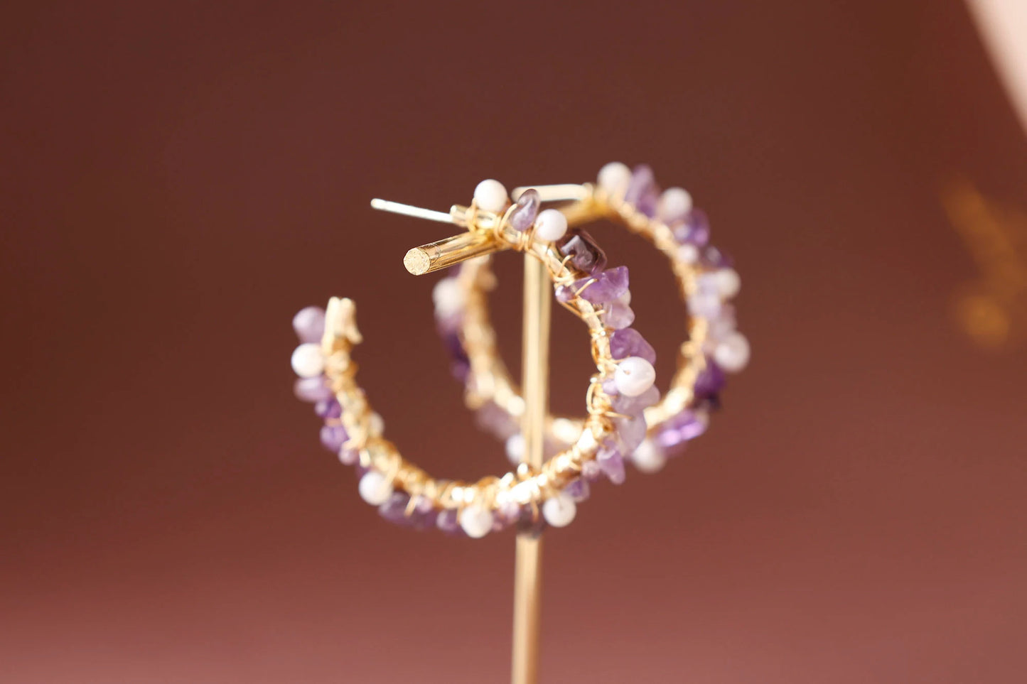 Handmade Amethyst & Pearl Hoop Earrings