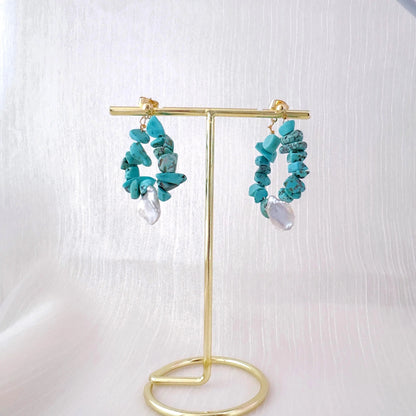 Turquoise Teardrop Hoop Earrings - Crafted with Brass