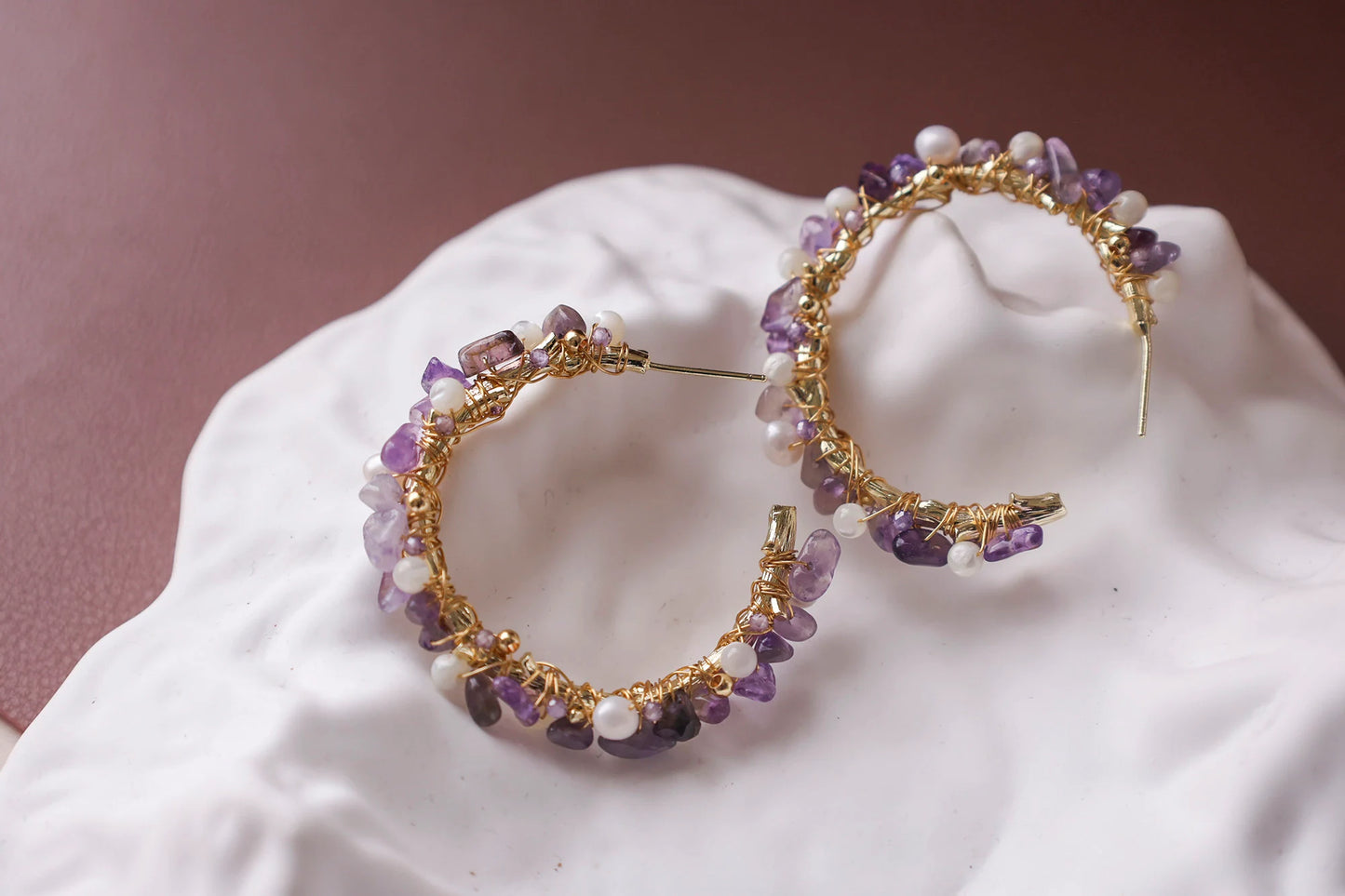 Handmade Amethyst & Pearl Hoop Earrings