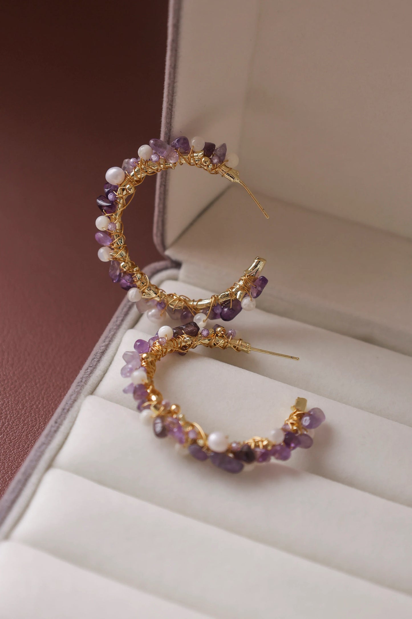 Handmade Amethyst & Pearl Hoop Earrings