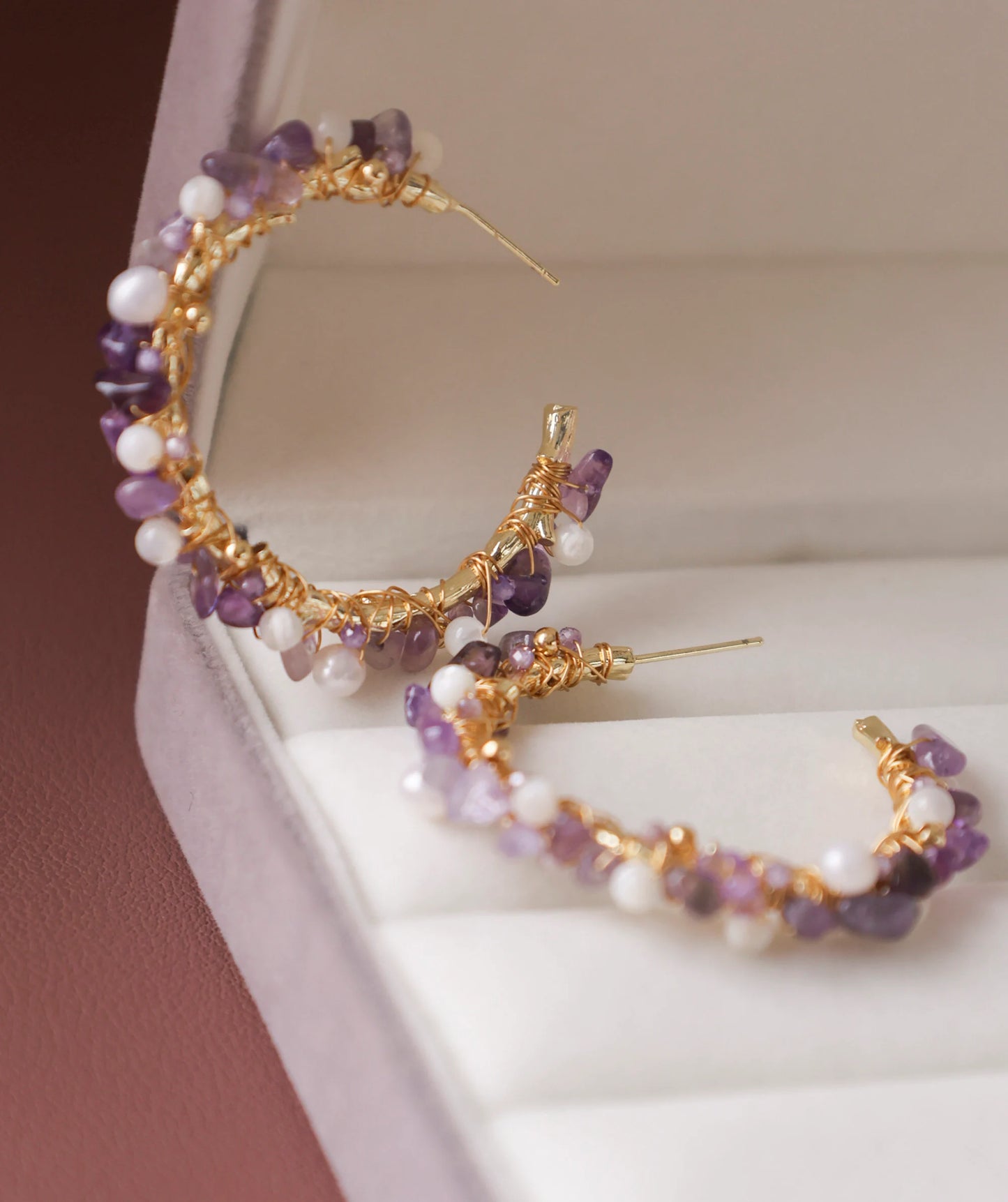 Handmade Amethyst & Pearl Hoop Earrings