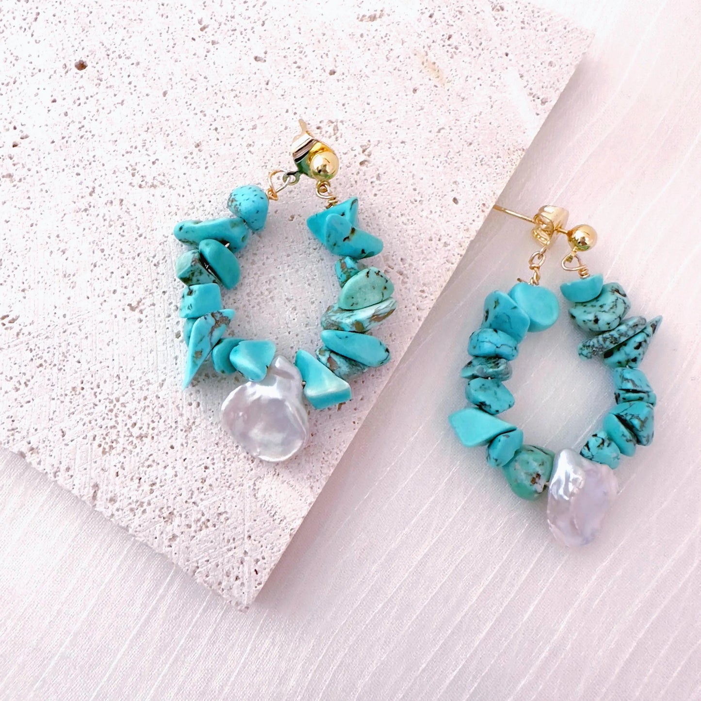 Turquoise Teardrop Hoop Earrings - Crafted with Brass