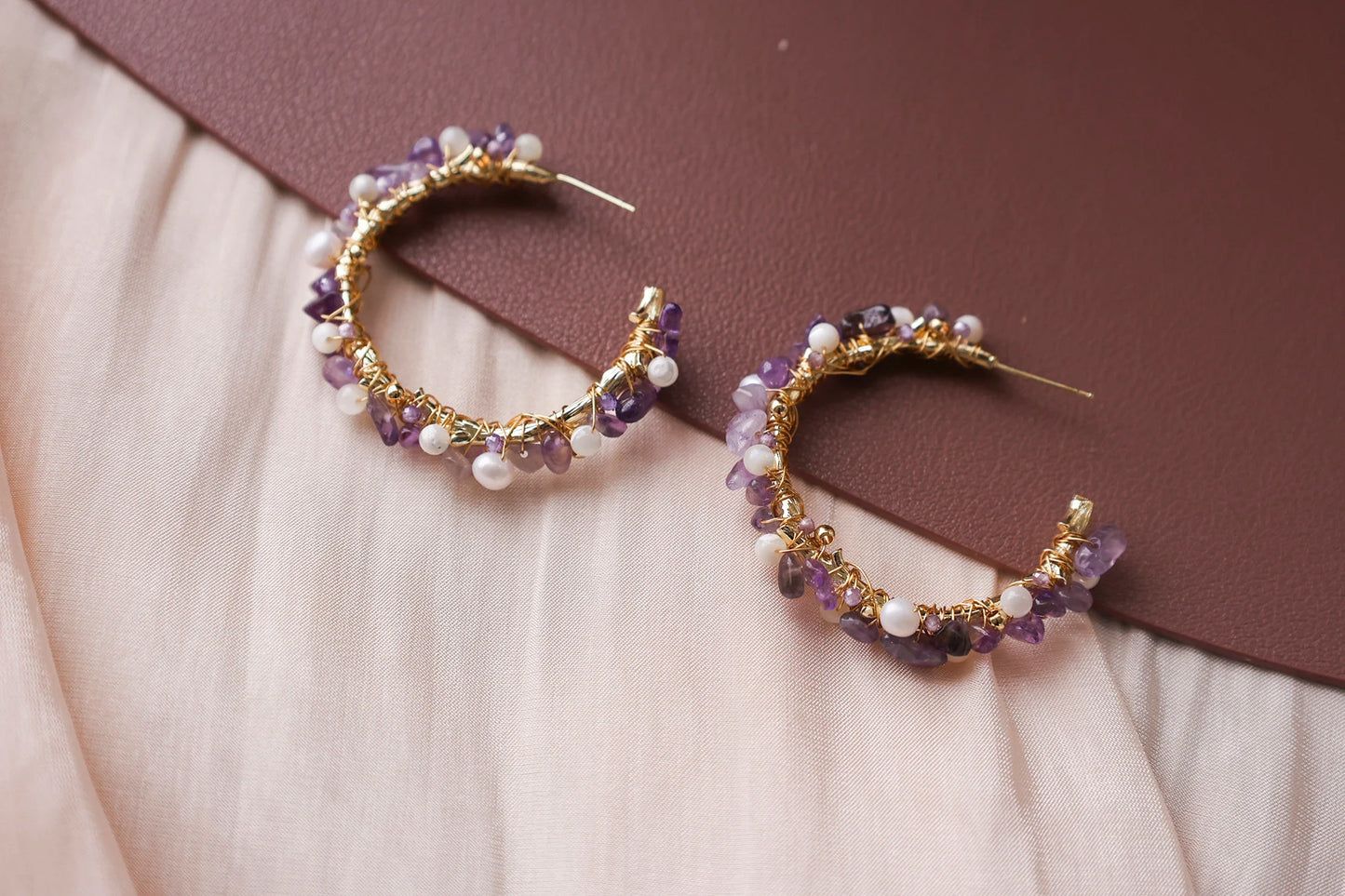 Handmade Amethyst & Pearl Hoop Earrings