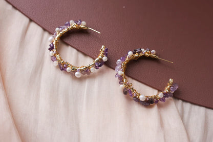 Handmade Amethyst & Pearl Hoop Earrings