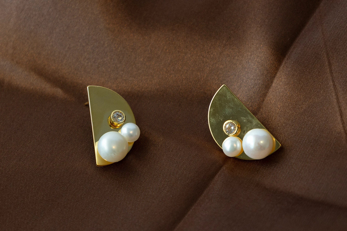Handmade Golden Half Moon Stud Earrings with Natural Pearls - Crafted