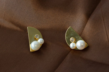 Handmade Golden Half Moon Stud Earrings with Natural Pearls - Crafted
