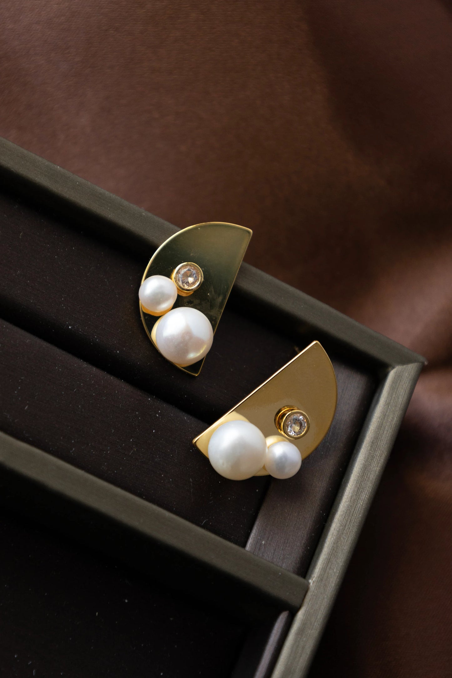 Handmade Golden Half Moon Stud Earrings with Natural Pearls - Crafted
