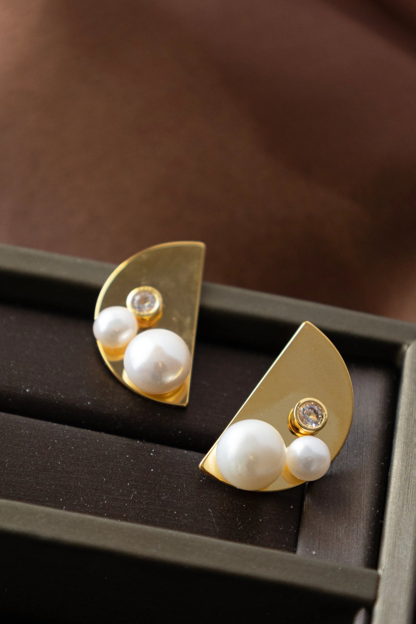 Handmade Golden Half Moon Stud Earrings with Natural Pearls - Crafted