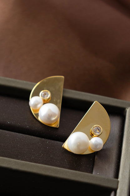 Handmade Golden Half Moon Stud Earrings with Natural Pearls - Crafted