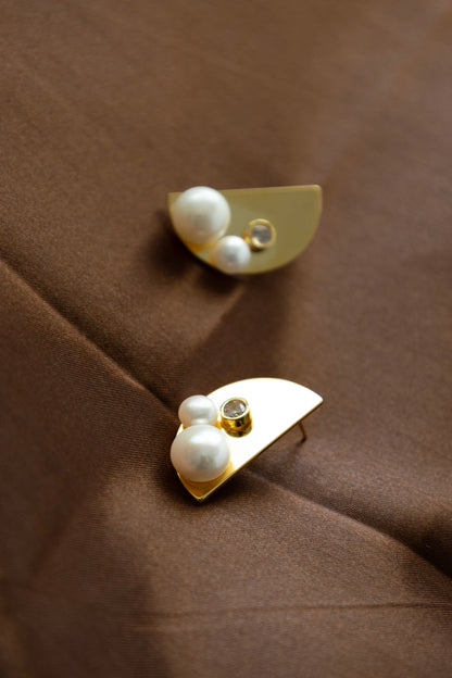 Handmade Golden Half Moon Stud Earrings with Natural Pearls - Crafted