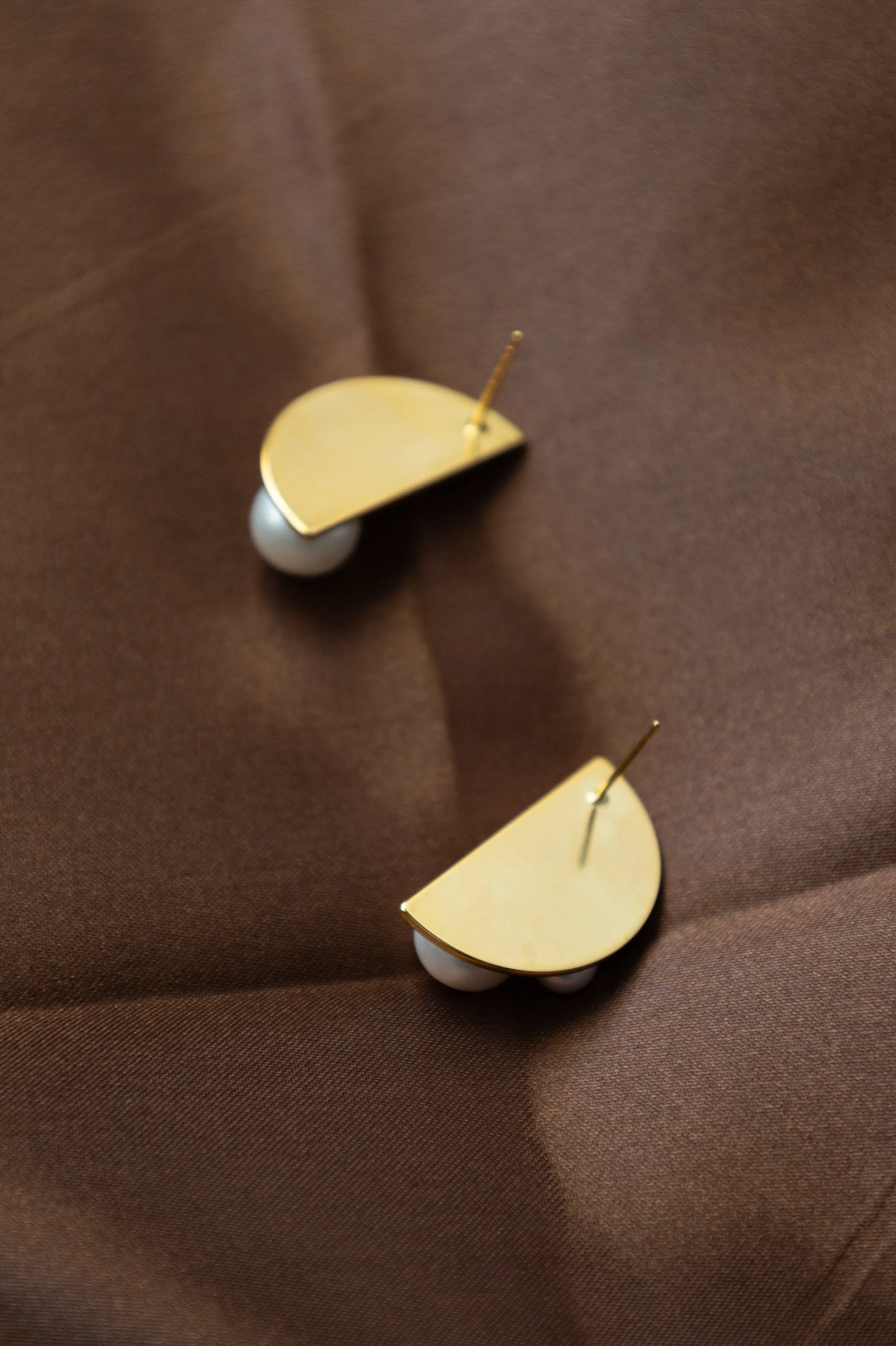 Handmade Golden Half Moon Stud Earrings with Natural Pearls - Crafted