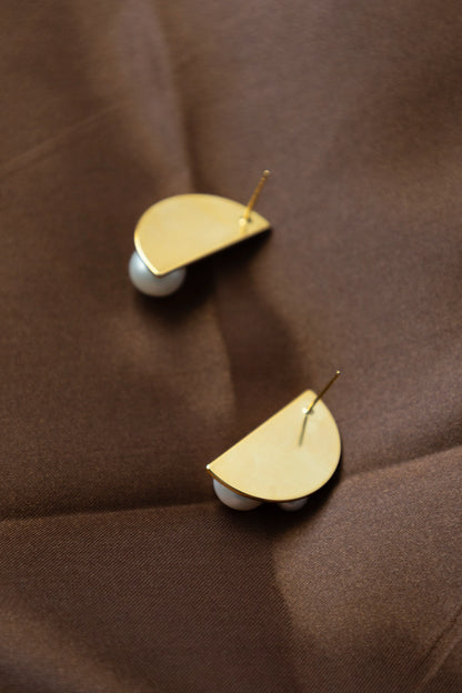 Handmade Golden Half Moon Stud Earrings with Natural Pearls - Crafted