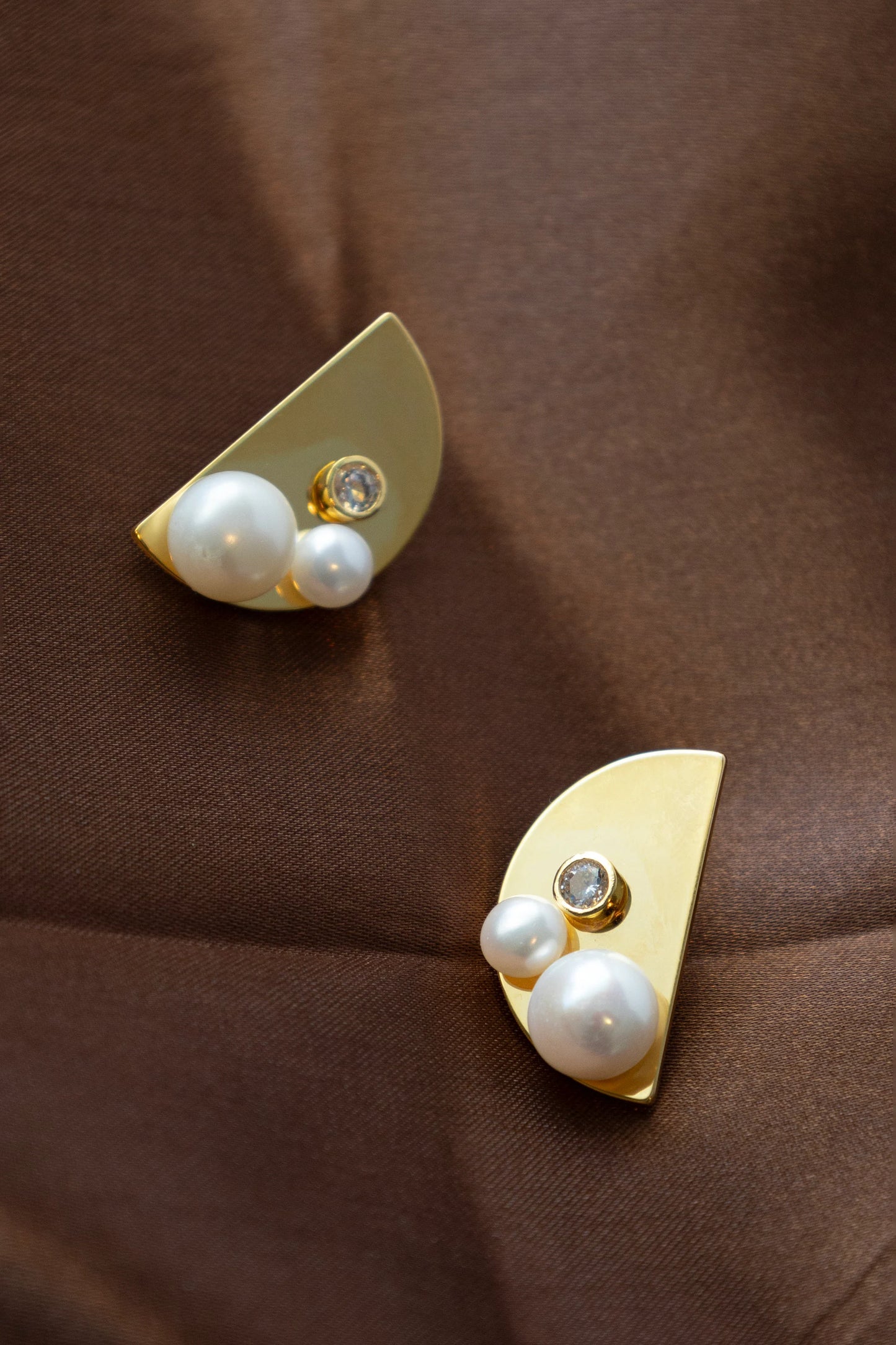 Handmade Golden Half Moon Stud Earrings with Natural Pearls - Crafted