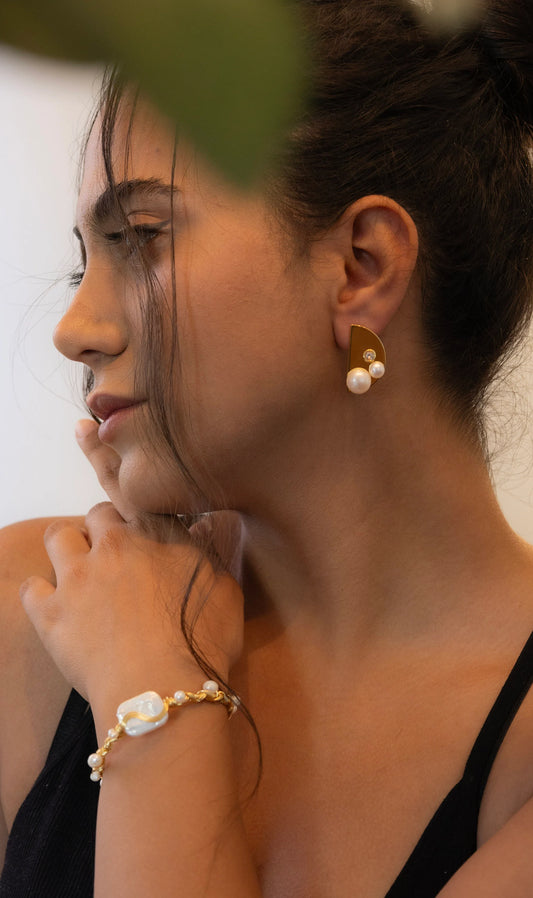 Handmade Golden Half Moon Stud Earrings with Natural Pearls - Crafted