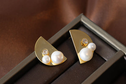 Handmade Golden Half Moon Stud Earrings with Natural Pearls - Crafted