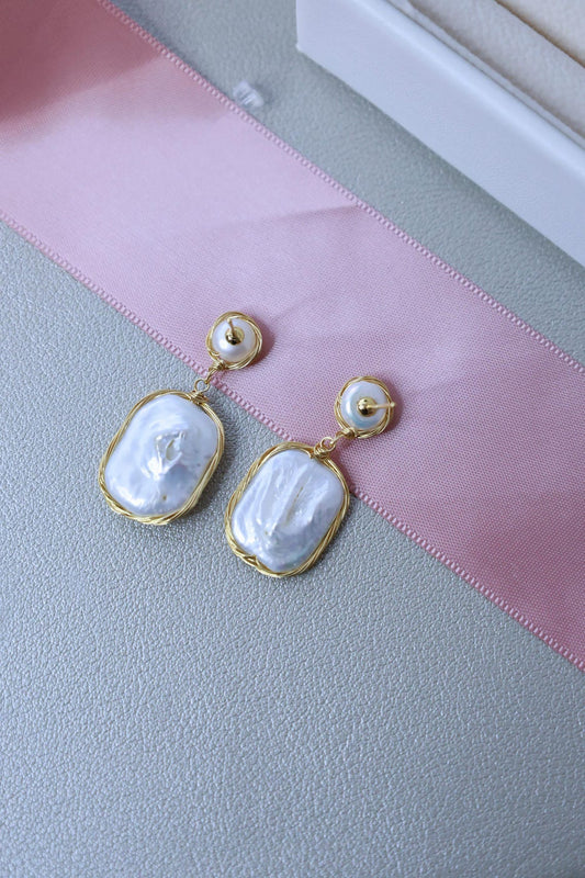 Baroque Pearl Dangle Earrings - Crafted with Brass