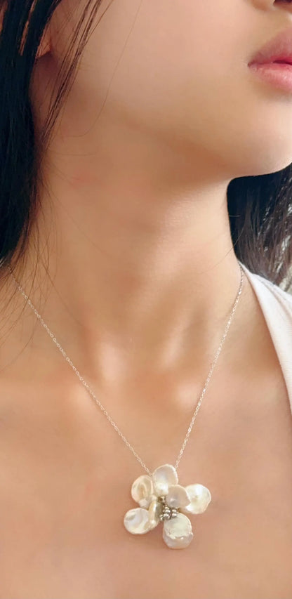 Handmade Baroque Pearl Flower Necklace - Crafted with Brass