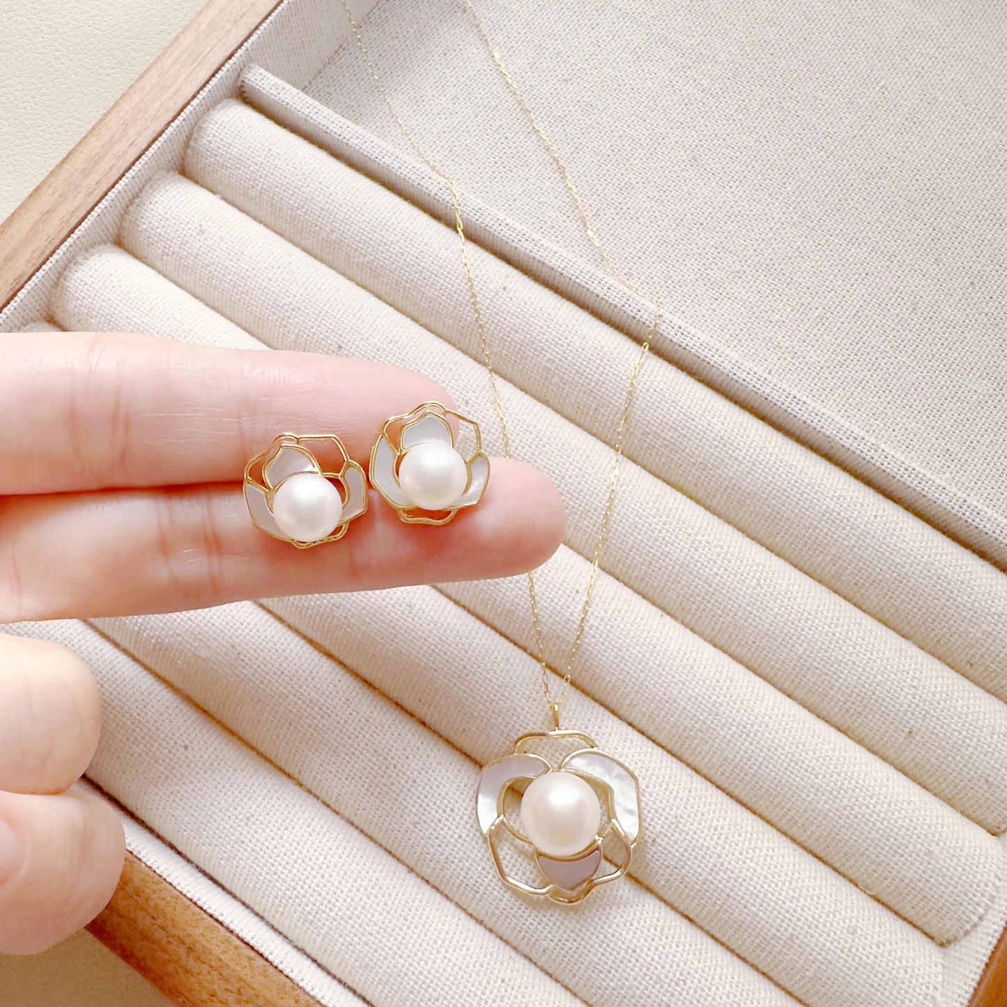 Freshwater Pearl Jewelry Set | Gold Earrings & Necklace |Bridal Gift