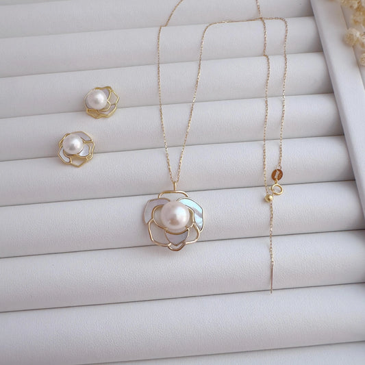 Freshwater Pearl Jewelry Set | Gold Earrings & Necklace |Bridal Gift