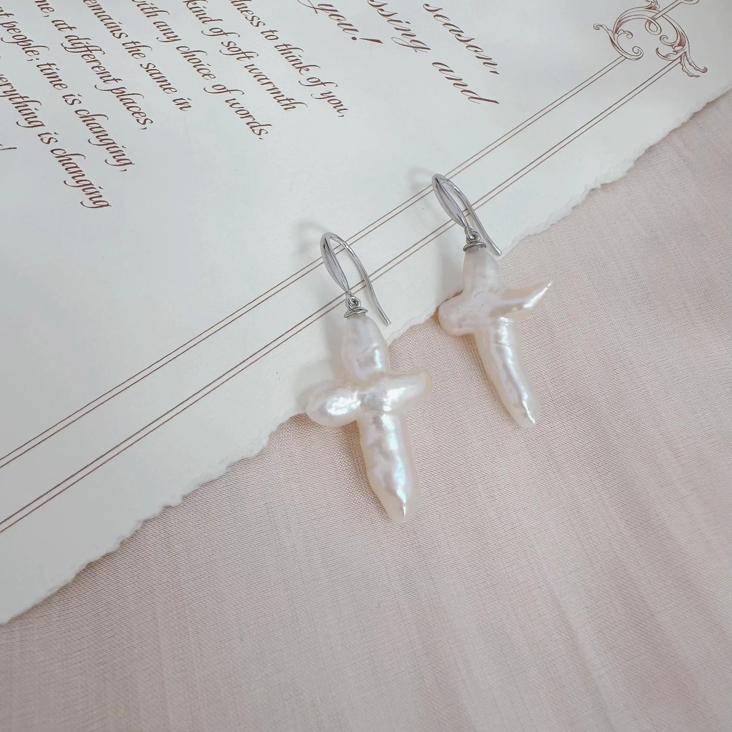 Baroque Pearl Cross Earrings - Crafted with Sterling silver