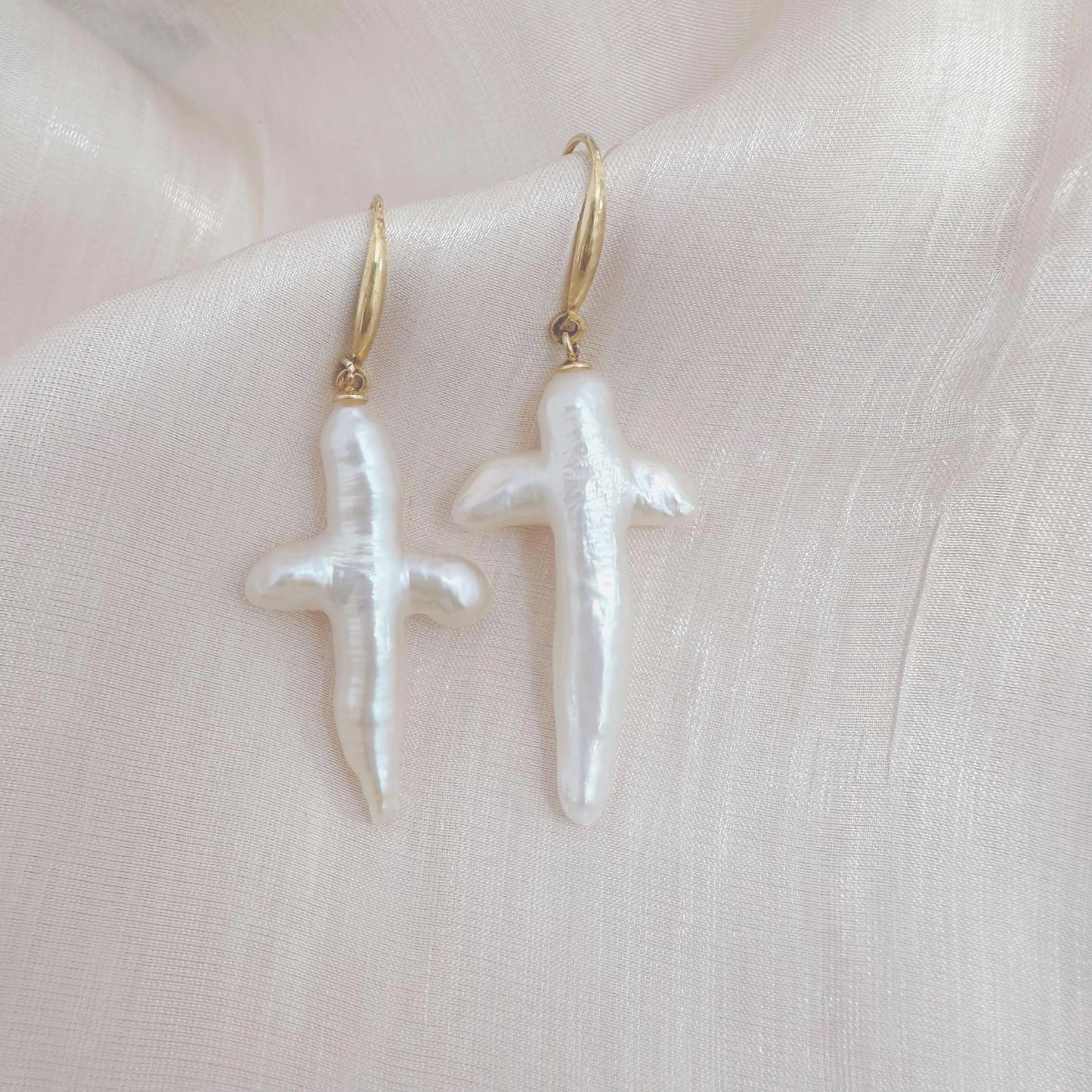 Baroque Pearl Cross Earrings - Crafted with Sterling silver