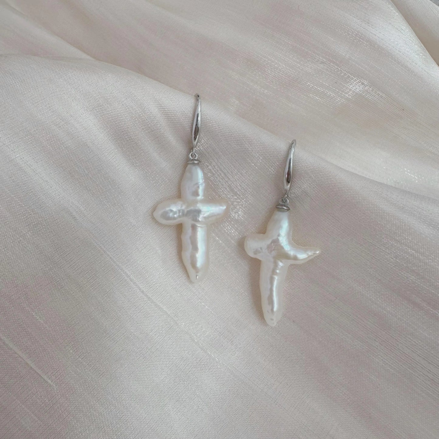 Baroque Pearl Cross Earrings - Crafted with Sterling silver