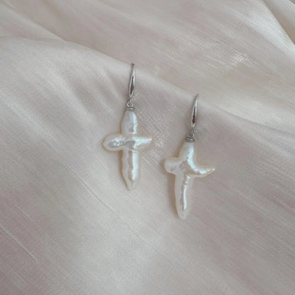 Baroque Pearl Cross Earrings - Crafted with Sterling silver