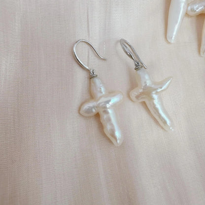 Baroque Pearl Cross Earrings - Crafted with Sterling silver