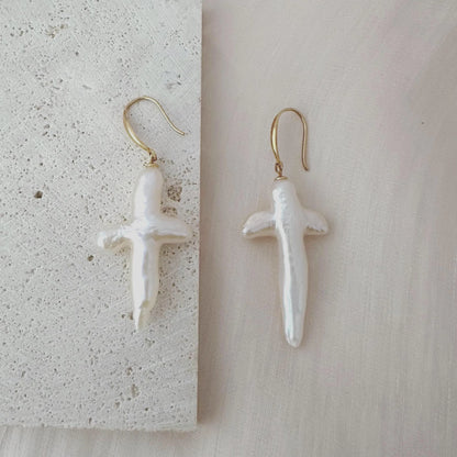 Baroque Pearl Cross Earrings - Crafted with Sterling silver
