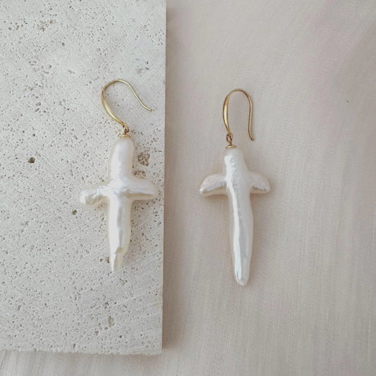 Baroque Pearl Cross Earrings - Crafted with Sterling silver