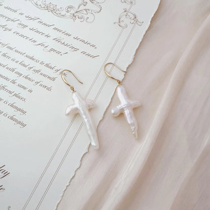 Baroque Pearl Cross Earrings - Crafted with Sterling silver