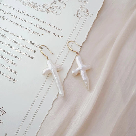 Baroque Pearl Cross Earrings - Crafted with Sterling silver
