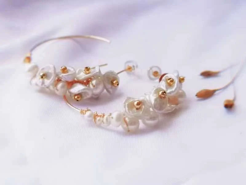 Handmade Freshwater Pearl Hoop Earrings - Crafted with Brass