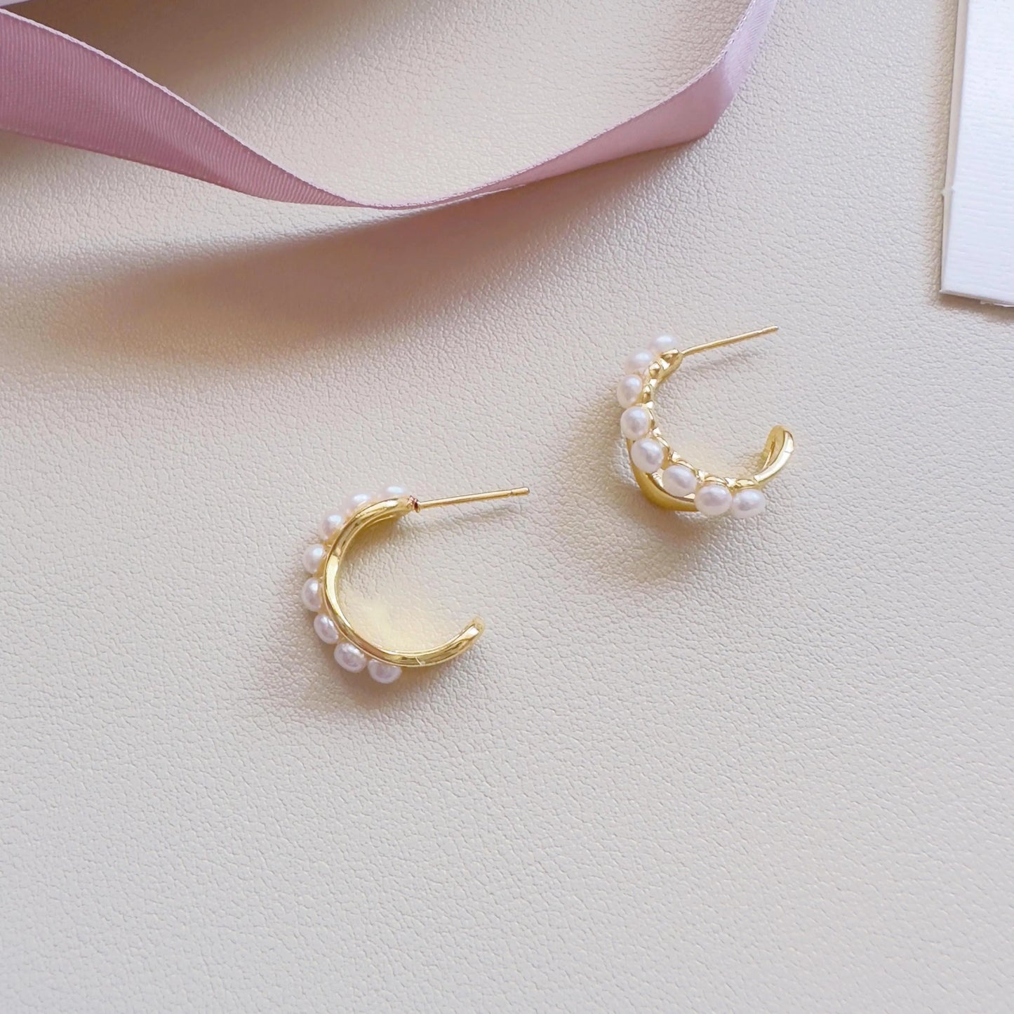 Dainty Gold Pearl Hoop Earrings - Crafted with Brass