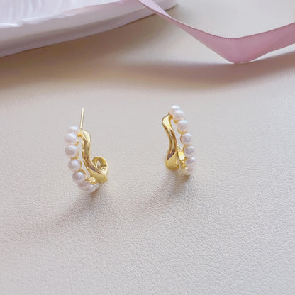 Dainty Gold Pearl Hoop Earrings - Crafted with Brass