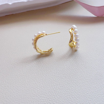 Dainty Gold Pearl Hoop Earrings - Crafted with Brass