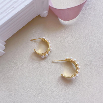 Dainty Gold Pearl Hoop Earrings - Crafted with Brass