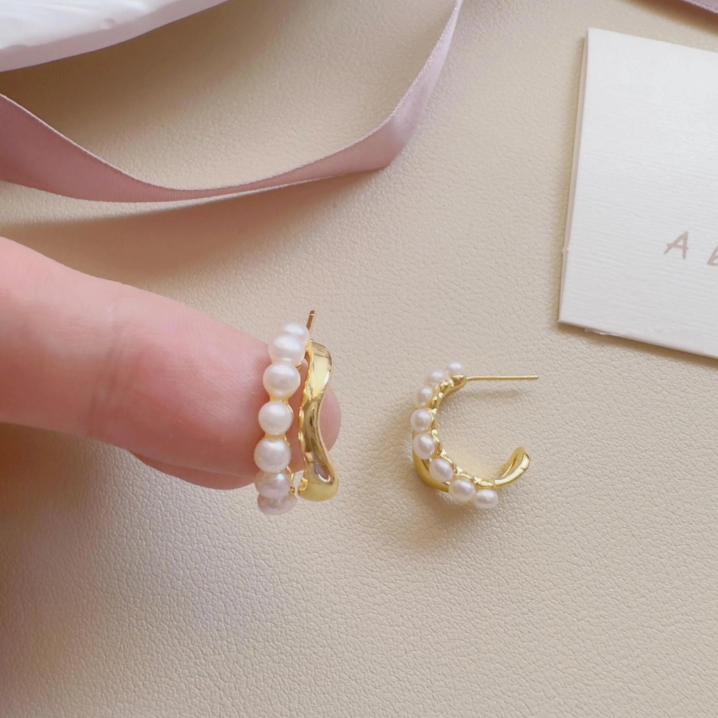 Dainty Gold Pearl Hoop Earrings - Crafted with Brass