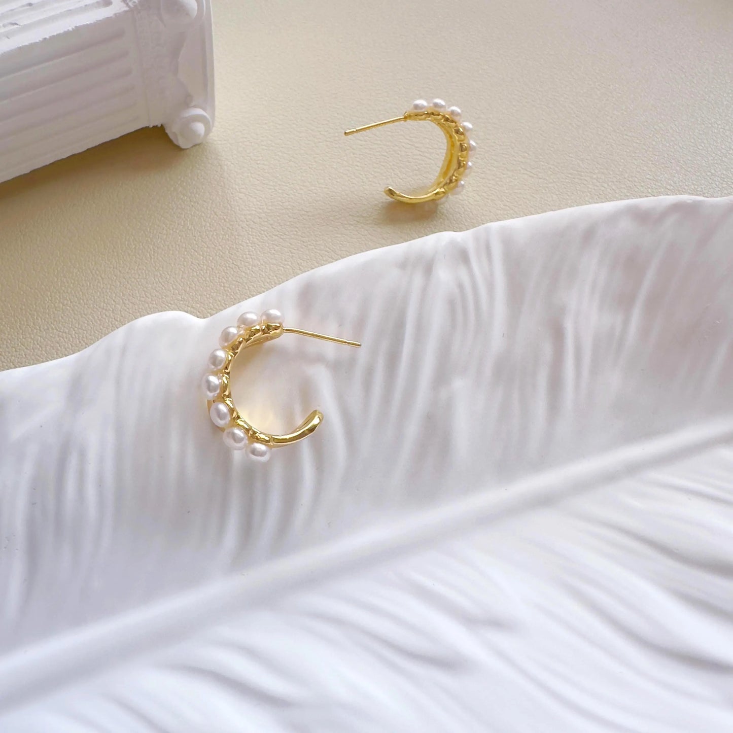 Dainty Gold Pearl Hoop Earrings - Crafted with Brass