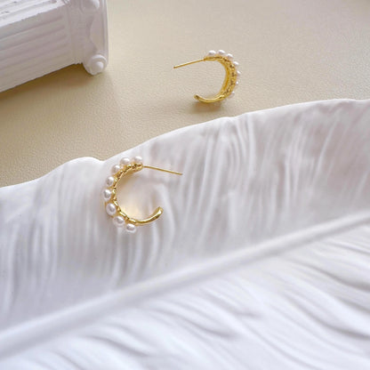 Dainty Gold Pearl Hoop Earrings - Crafted with Brass