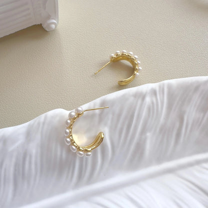 Dainty Gold Pearl Hoop Earrings - Crafted with Brass