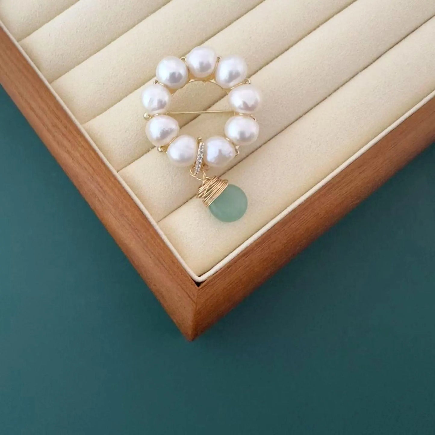 Handmade Pearl Brooch with Jade Pendant - Crafted with Pearl
