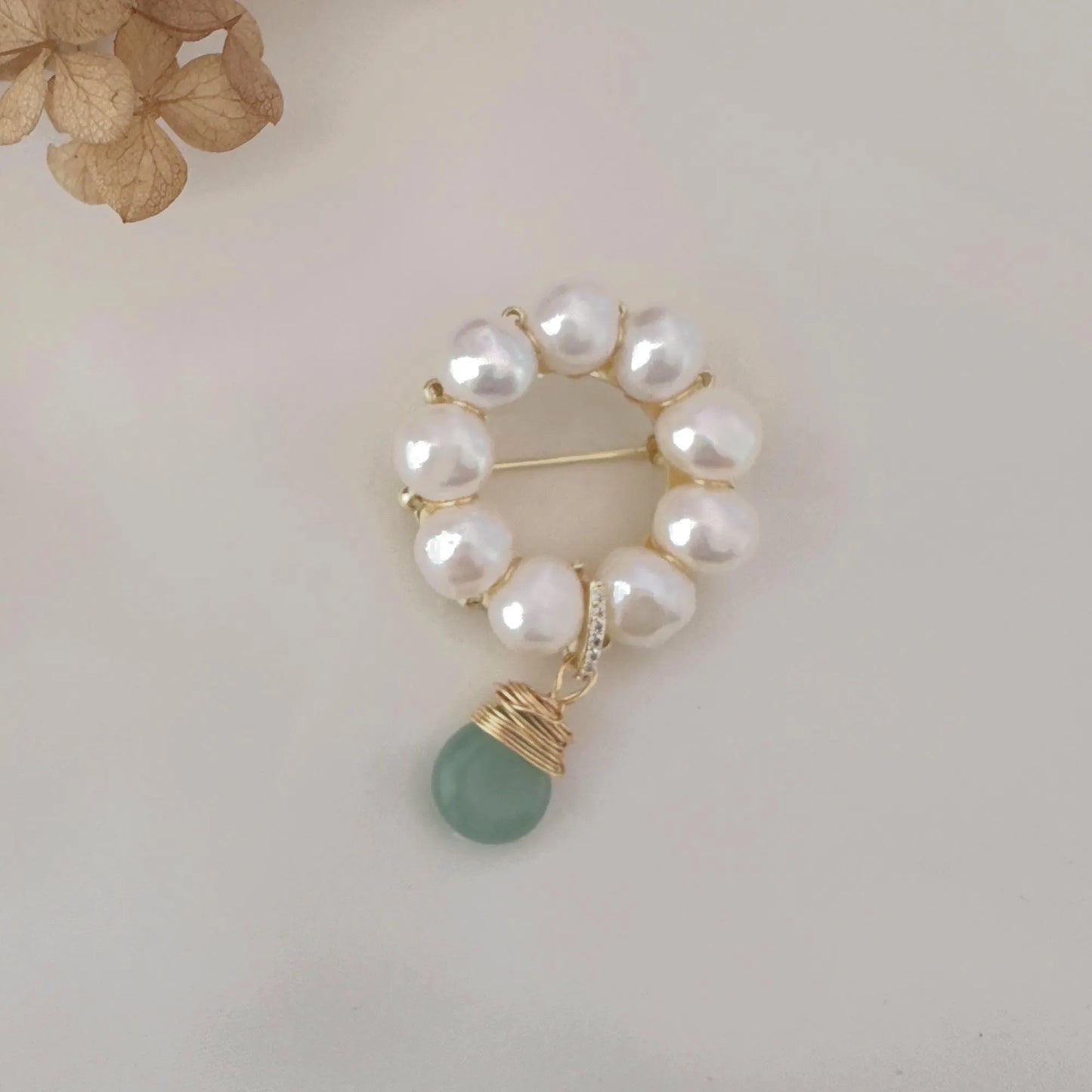 Handmade Pearl Brooch with Jade Pendant - Crafted with Pearl