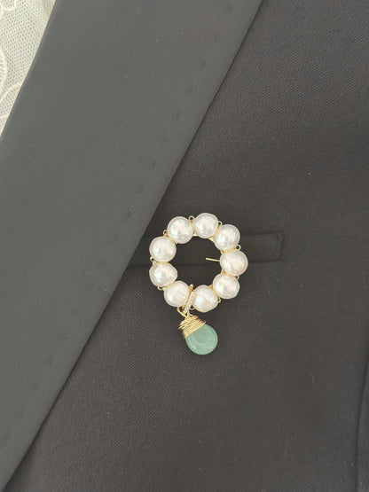 Handmade Pearl Brooch with Jade Pendant - Crafted with Pearl
