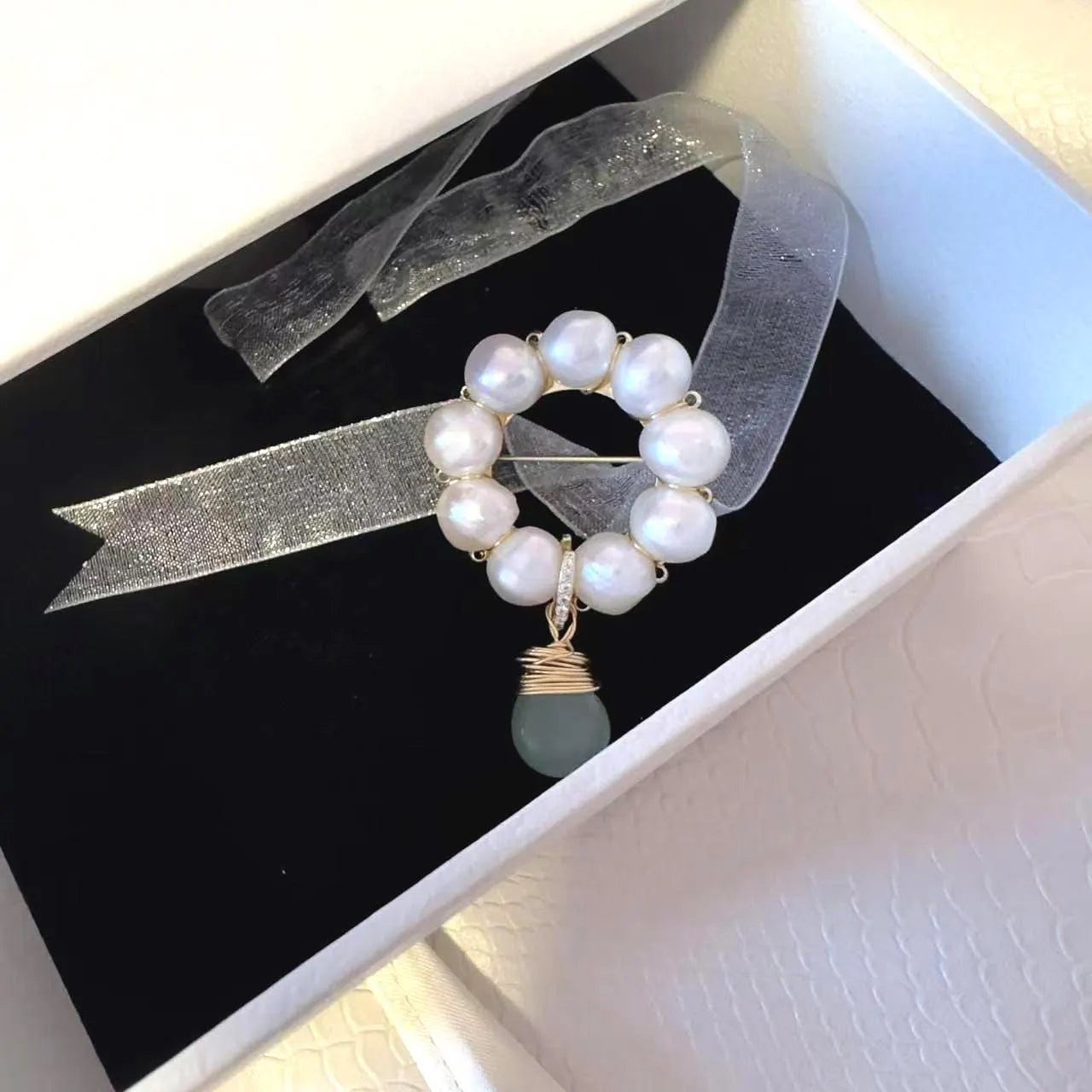 Handmade Pearl Brooch with Jade Pendant - Crafted with Pearl