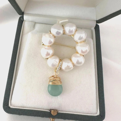 Handmade Pearl Brooch with Jade Pendant - Crafted with Pearl
