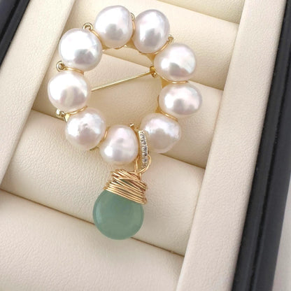 Handmade Pearl Brooch with Jade Pendant - Crafted with Pearl