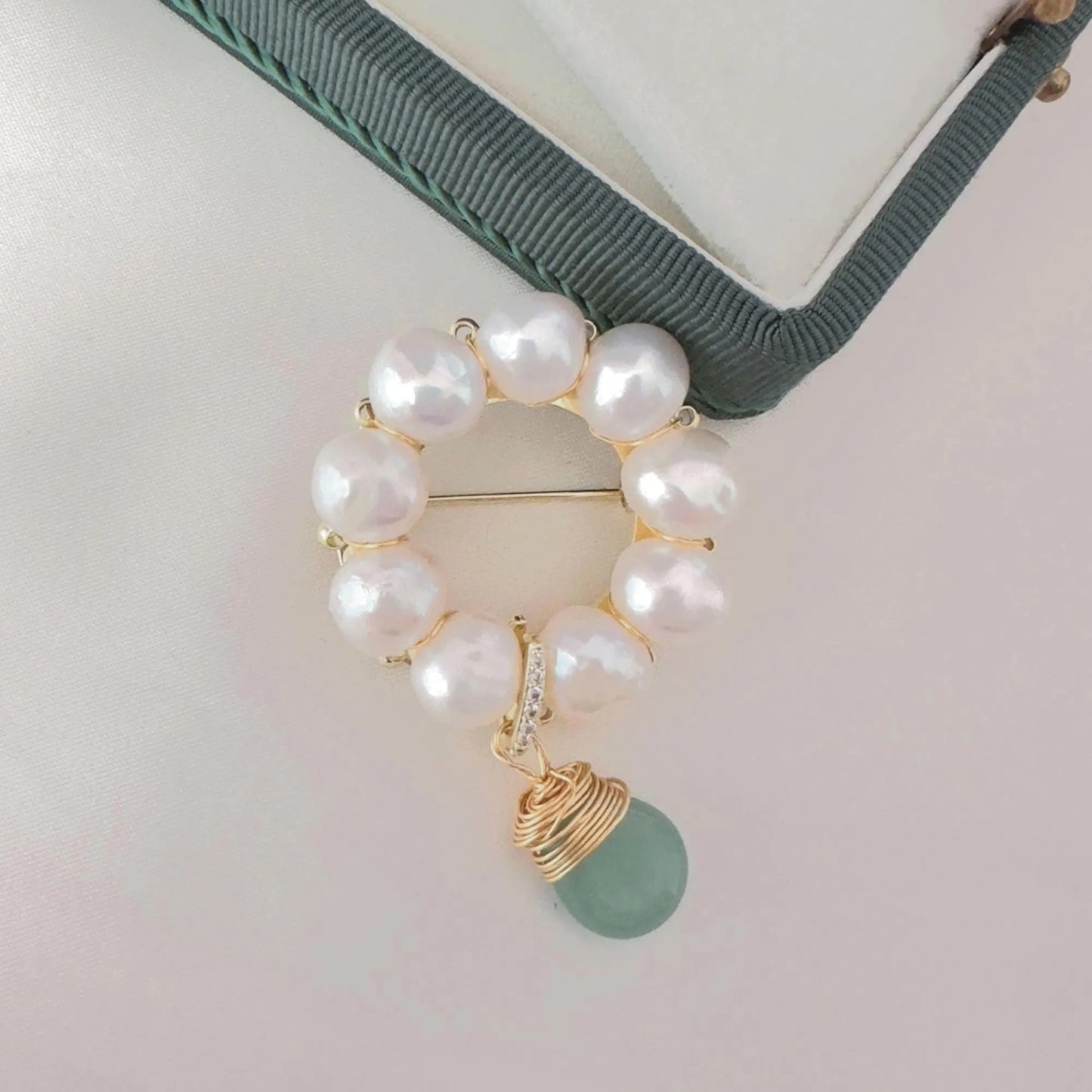 Handmade Pearl Brooch with Jade Pendant - Crafted with Pearl